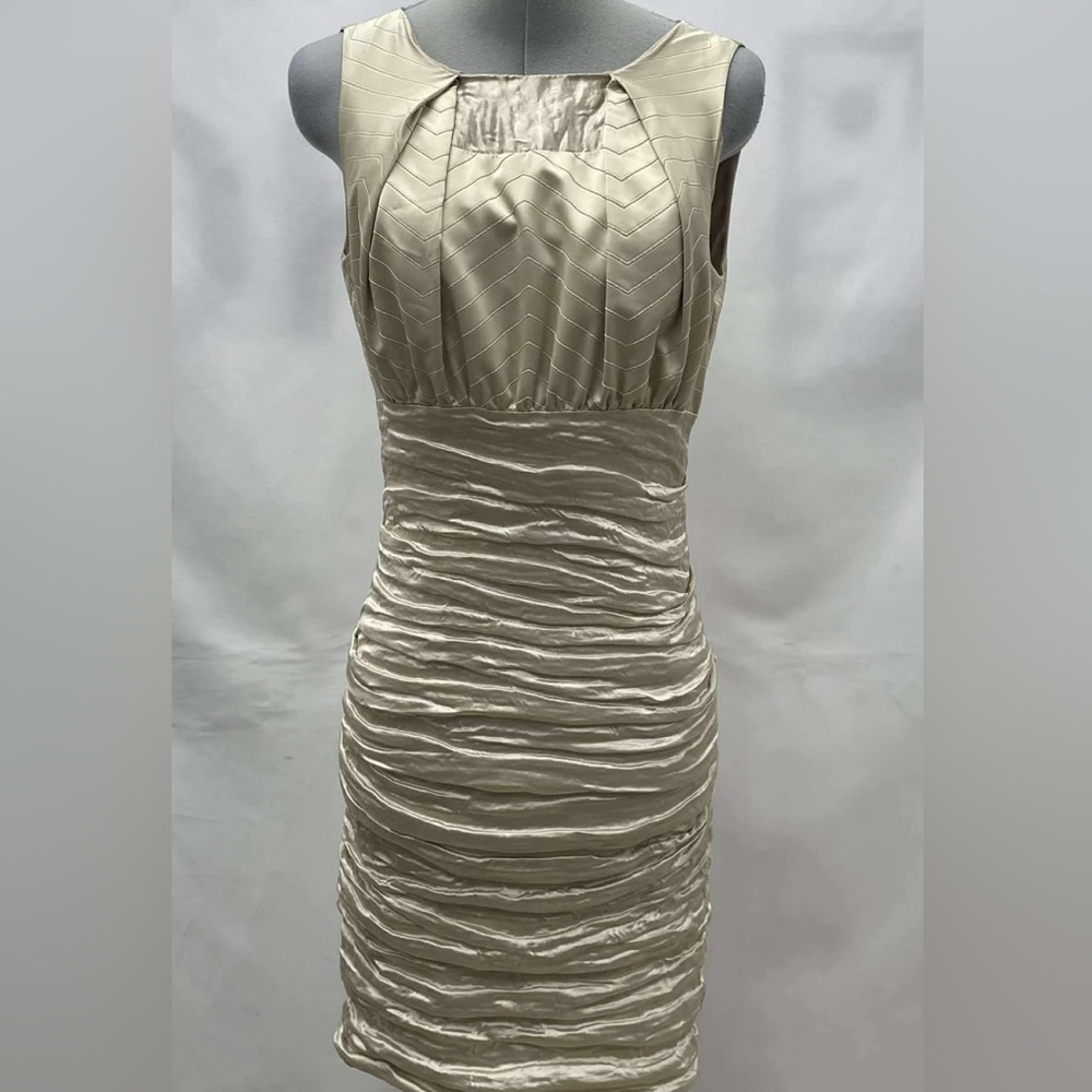 NICOLE MILLER Gold Ruched Crepe Evening Cocktail Special Occasion Dress